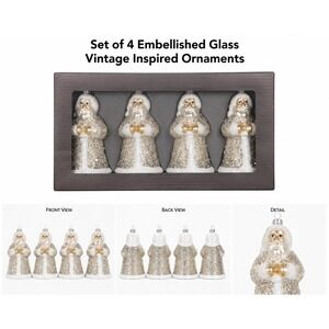 Vintage Inspired Glass Santa Claus Christmas Ornaments Silver Glitter Set of‎ 4